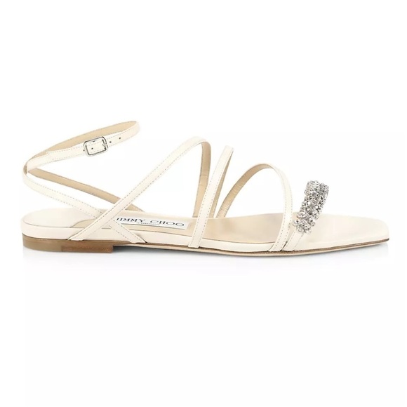 NWT JIMMY CHOO Maesie Embellished Leather Sandals Cream Ecru White Crystal - 5 - Picture 1 of 14